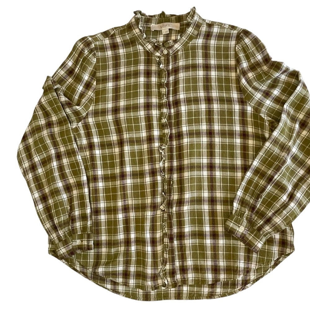 Loft Plaid Long Sleeve Button Up Top with Ruffle Trim